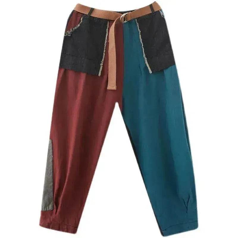 Personality Contrast Color Stitching Denim Trousers For Women - www.Shopthatapp.com