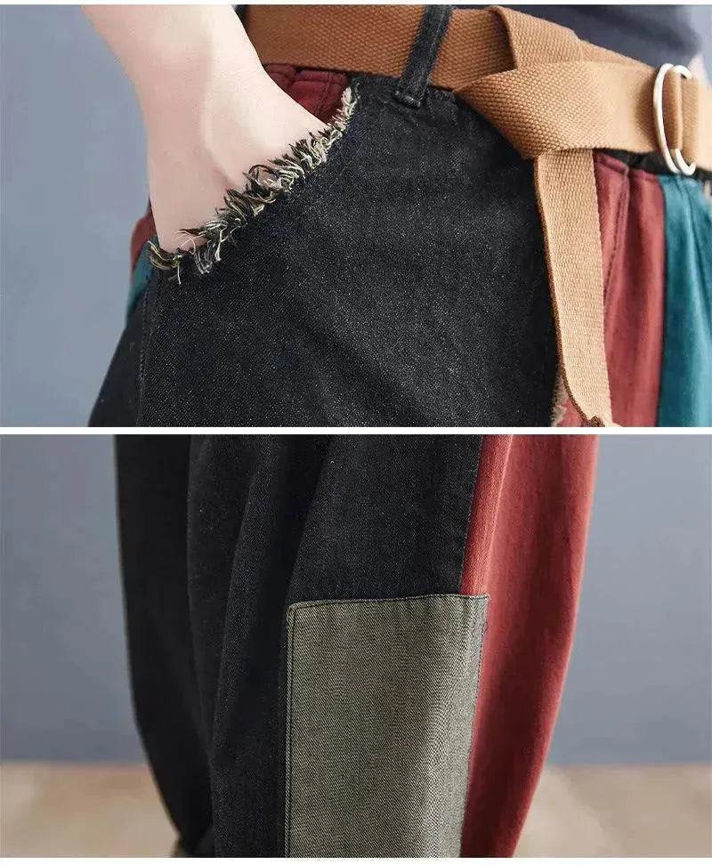 Personality Contrast Color Stitching Denim Trousers For Women - www.Shopthatapp.com