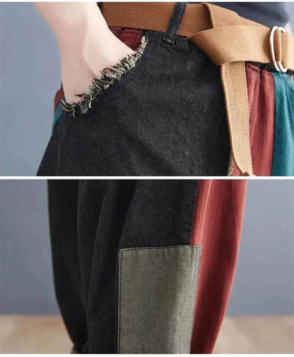 Personality Contrast Color Stitching Denim Trousers For Women - www.Shopthatapp.com