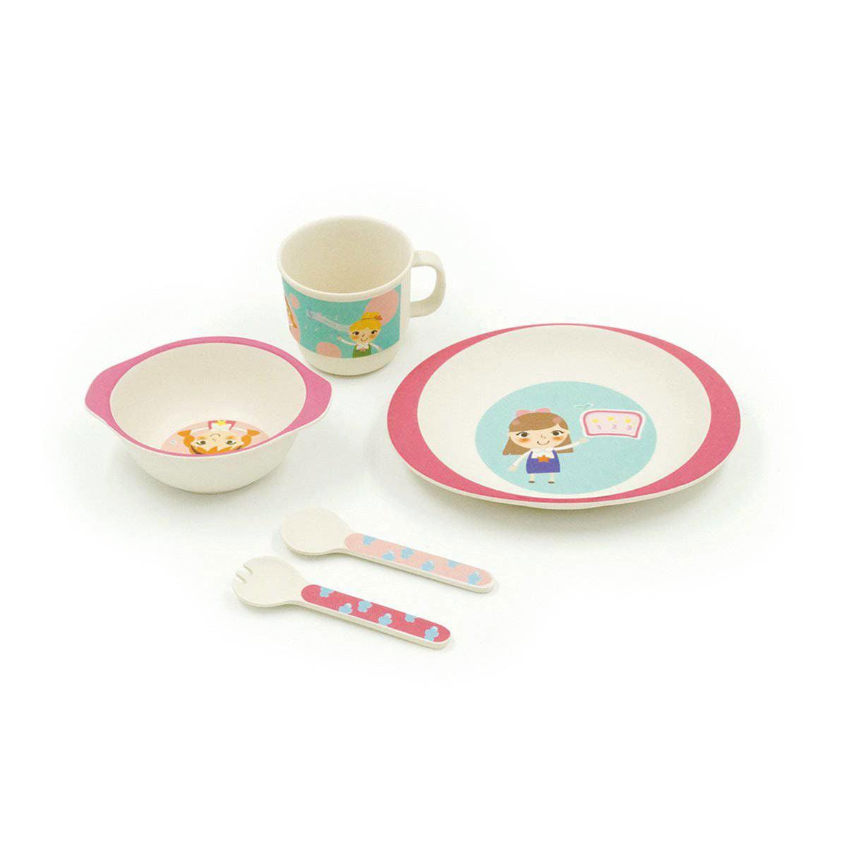 Peterson Housewares Pink Kids Dinner Set with cute animal designs including a plate, bowl, cup, and utensils