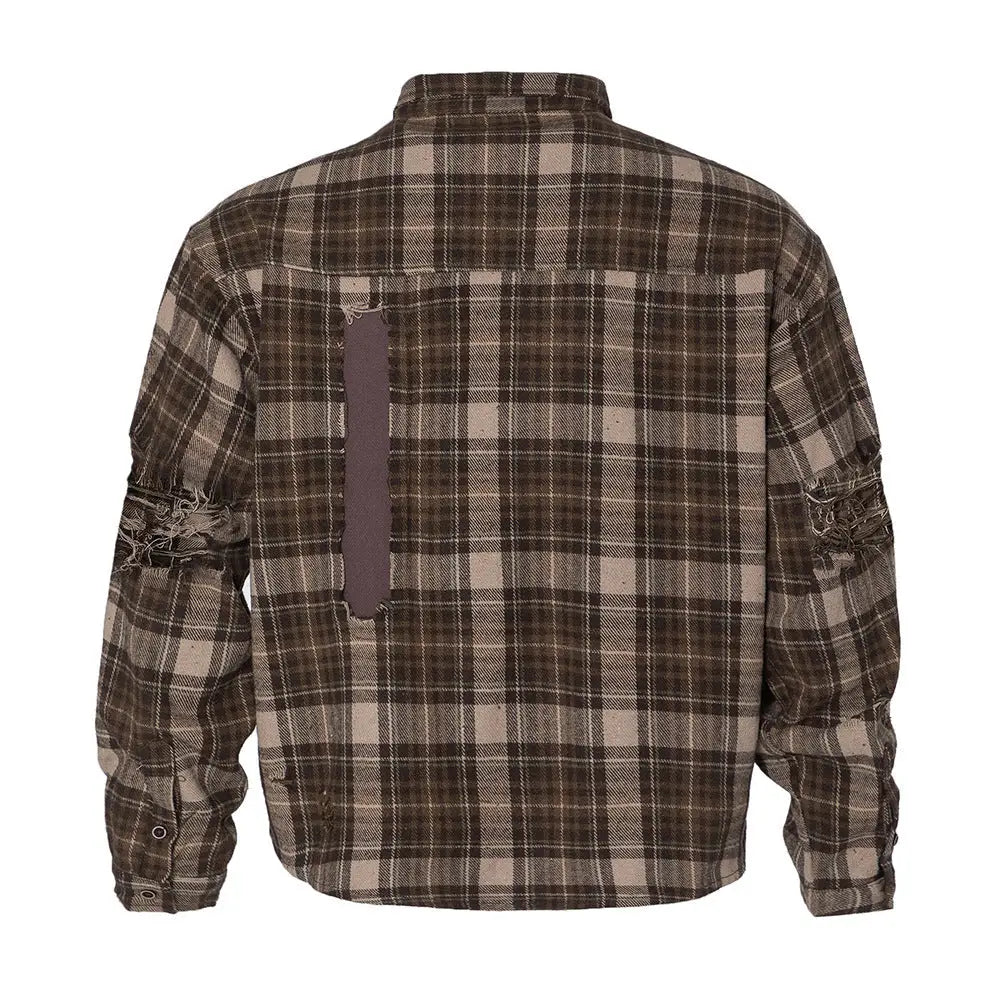 Plaid Long Sleeve Shirt Men Punk Trendy Hole & Patch - www.Shopthatapp.com