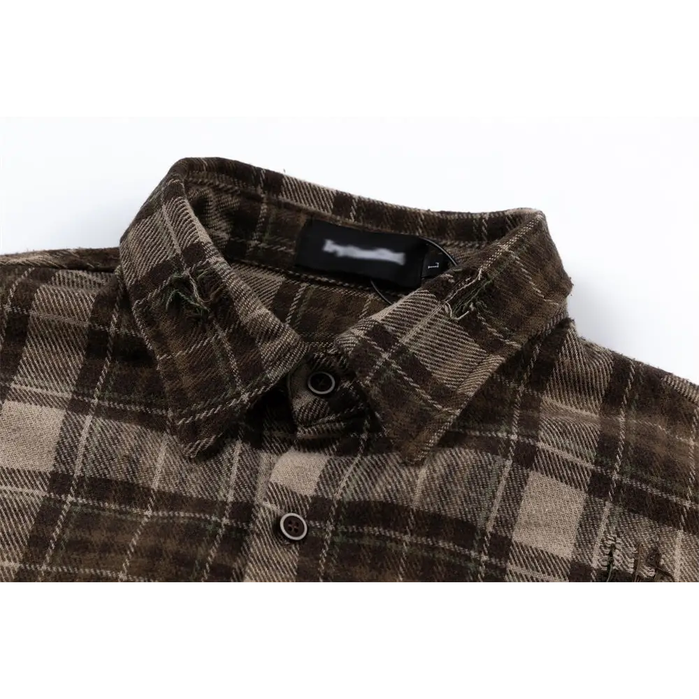 Plaid Long Sleeve Shirt Men Punk Trendy Hole & Patch - www.Shopthatapp.com