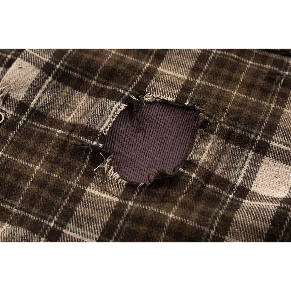 Plaid Long Sleeve Shirt Men Punk Trendy Hole & Patch - www.Shopthatapp.com