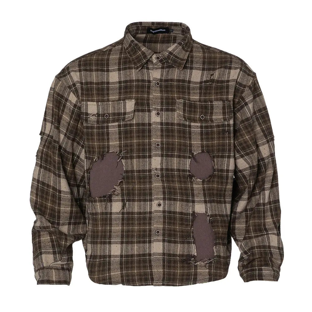 Plaid Long Sleeve Shirt Men Punk Trendy Hole & Patch - www.Shopthatapp.com