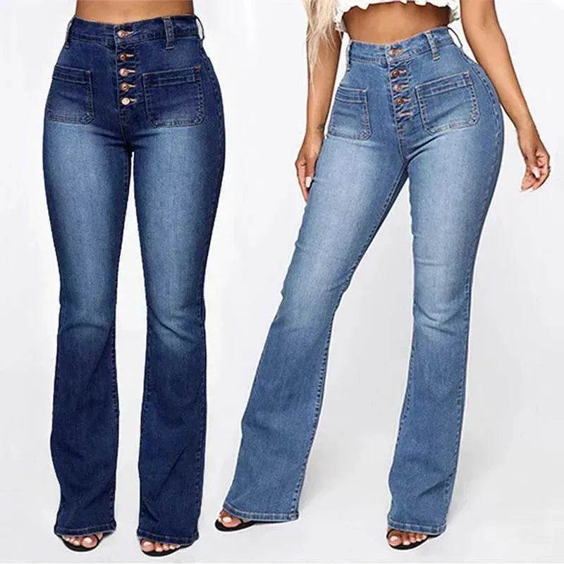 Plus Size Jeans Women Patch Pocket Washed Ladies High Waist Denim Trousers - www.Shopthatapp.com
