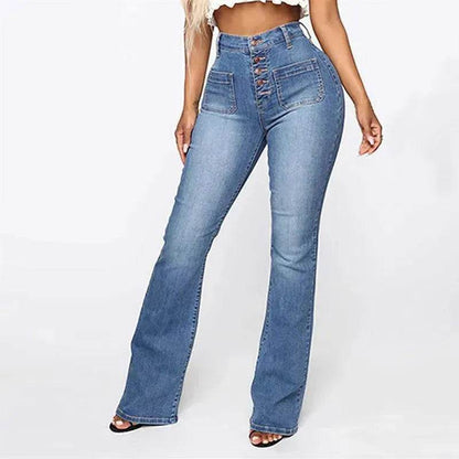 Plus Size Jeans Women Patch Pocket Washed Ladies High Waist Denim Trousers - www.Shopthatapp.com
