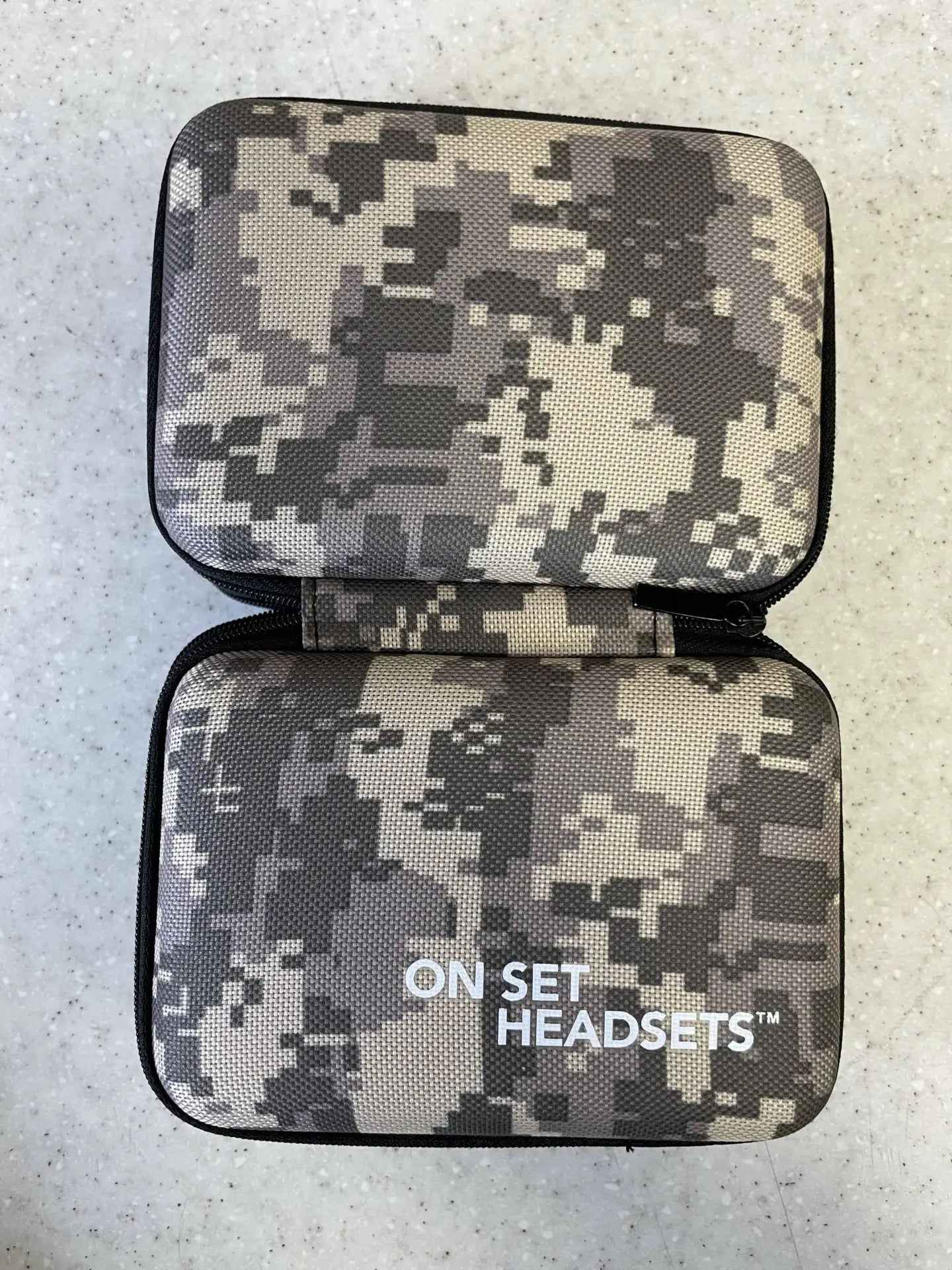 On Set Headsets portable travel case with a camouflage design for easy storage and protection