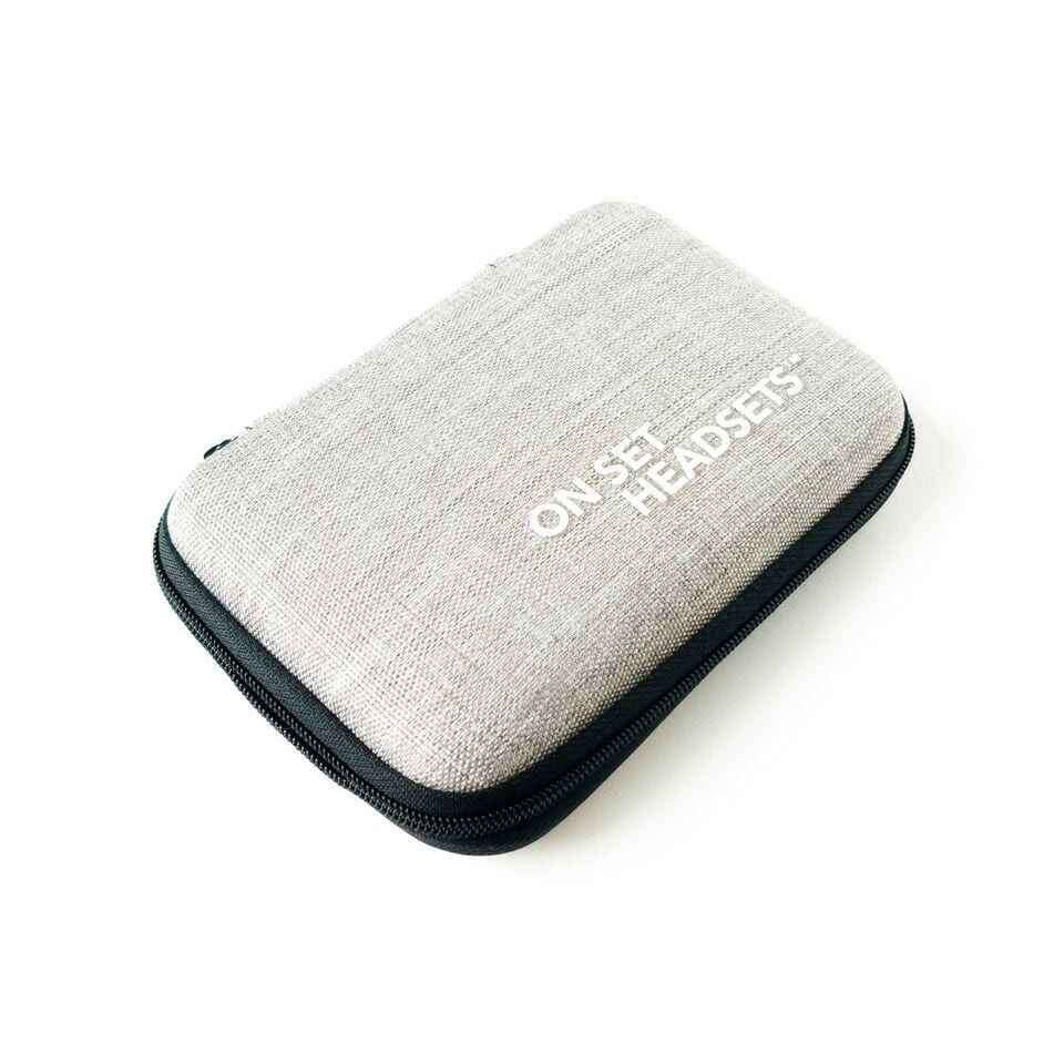 On Set Headsets portable travel case in stylish gray fabric with a zip closure for secure storage