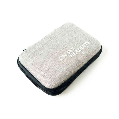 On Set Headsets portable travel case in stylish gray fabric with a zip closure for secure storage