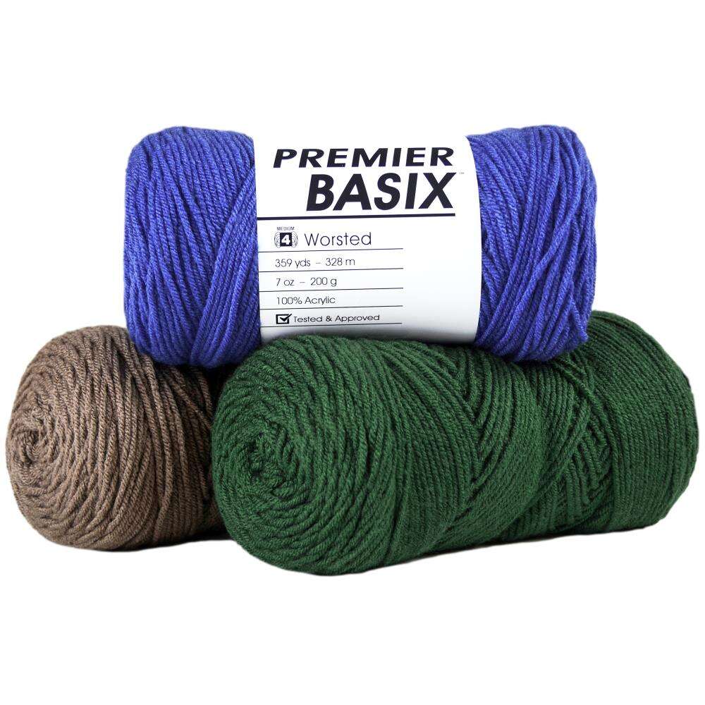 Premier Basix Yarn Canada in purple, green, and brown, perfect for crochet and knitting projects