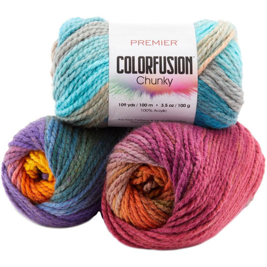 Three vibrant skeins of Premier Colorfusion Chunky Yarn for crafting. Buy chunky yarn online.