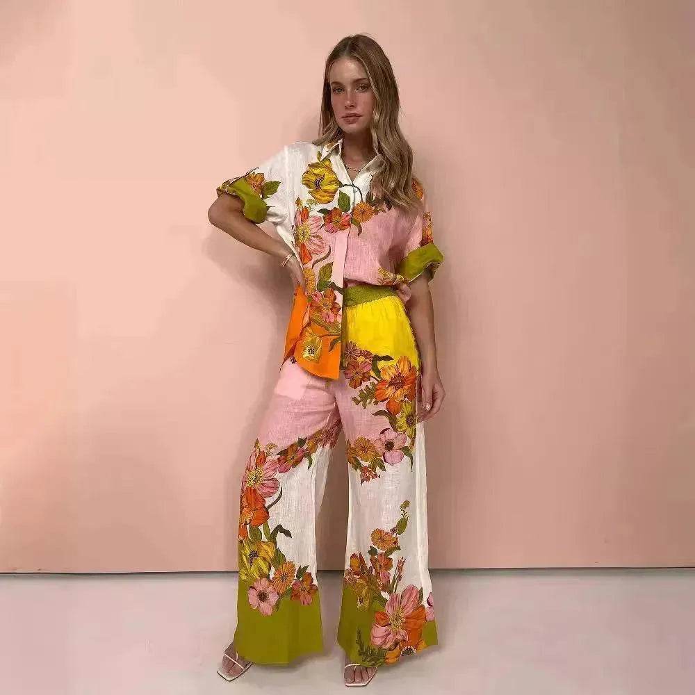 Printed Cotton And Linen Two-piece Suit Outfit Top Wide-leg Pants - www.Shopthatapp.com