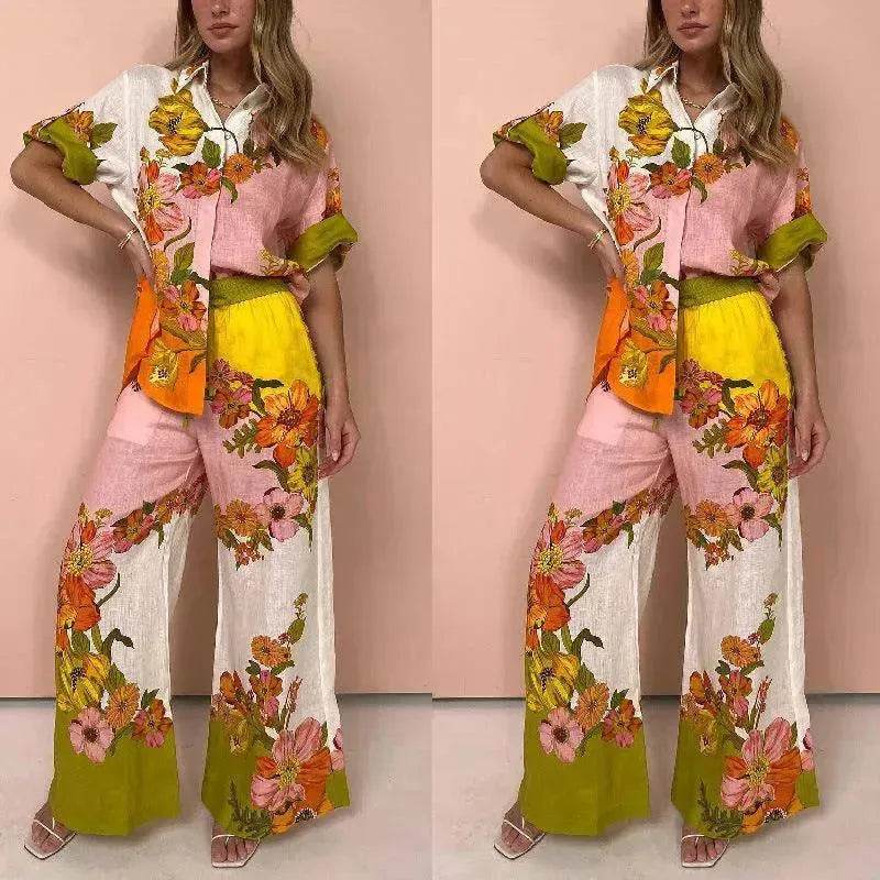 Printed Cotton And Linen Two-piece Suit Outfit Top Wide-leg Pants - www.Shopthatapp.com
