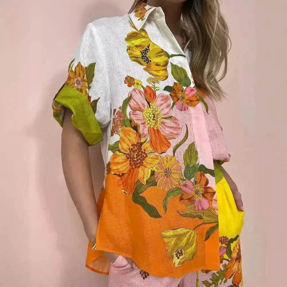 Printed Cotton And Linen Two-piece Suit Outfit Top Wide-leg Pants - www.Shopthatapp.com