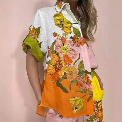 Printed Cotton And Linen Two-piece Suit Outfit Top Wide-leg Pants - www.Shopthatapp.com