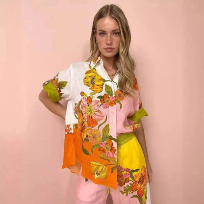 Printed Cotton And Linen Two-piece Suit Outfit Top Wide-leg Pants - www.Shopthatapp.com