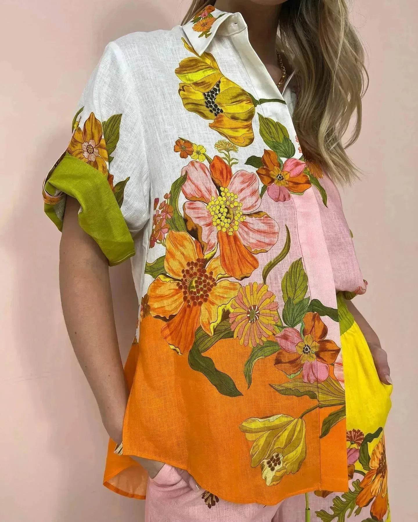 Printed Cotton And Linen Two-piece Suit Outfit Top Wide-leg Pants - www.Shopthatapp.com