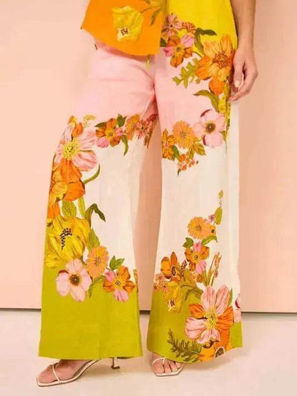 Printed Cotton And Linen Two-piece Suit Outfit Top Wide-leg Pants - www.Shopthatapp.com