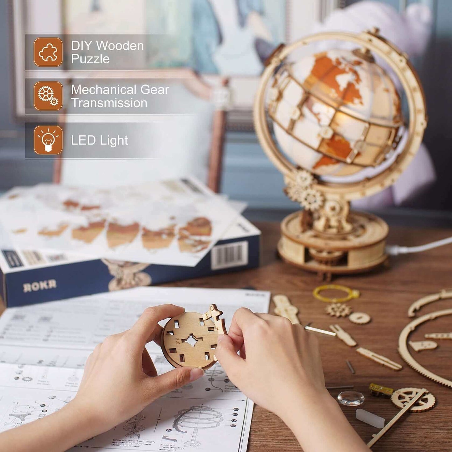 Robotime Globe Lumineux 180 Pièces - Kit Maquette en Bois avec Lumière LED
