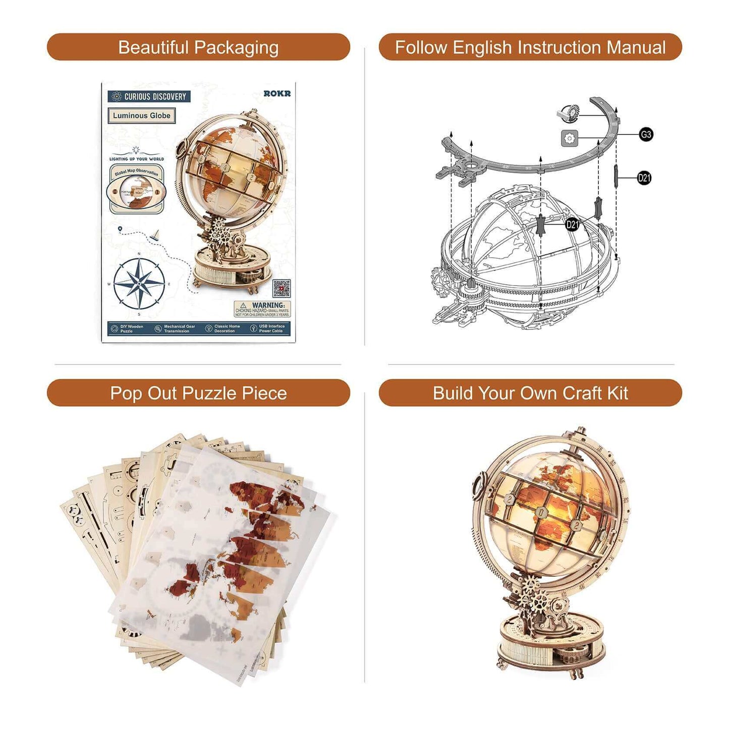 Robotime Globe Lumineux 180 Pièces - Kit Maquette en Bois avec Lumière LED