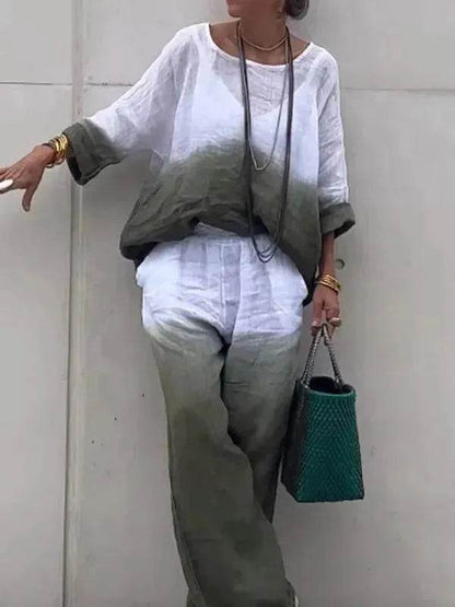 Product Women's Clothes Fashion Cotton Linen Gradient Two-piece Set - www.Shopthatapp.com