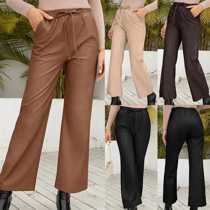 PU Loose Trousers Motorcycle Leather Straight Wide Leg Leather Pants Women - www.Shopthatapp.com