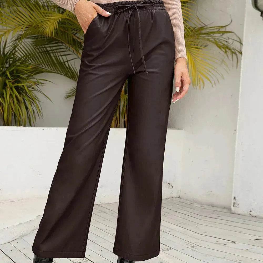 PU Loose Trousers Motorcycle Leather Straight Wide Leg Leather Pants Women - www.Shopthatapp.com