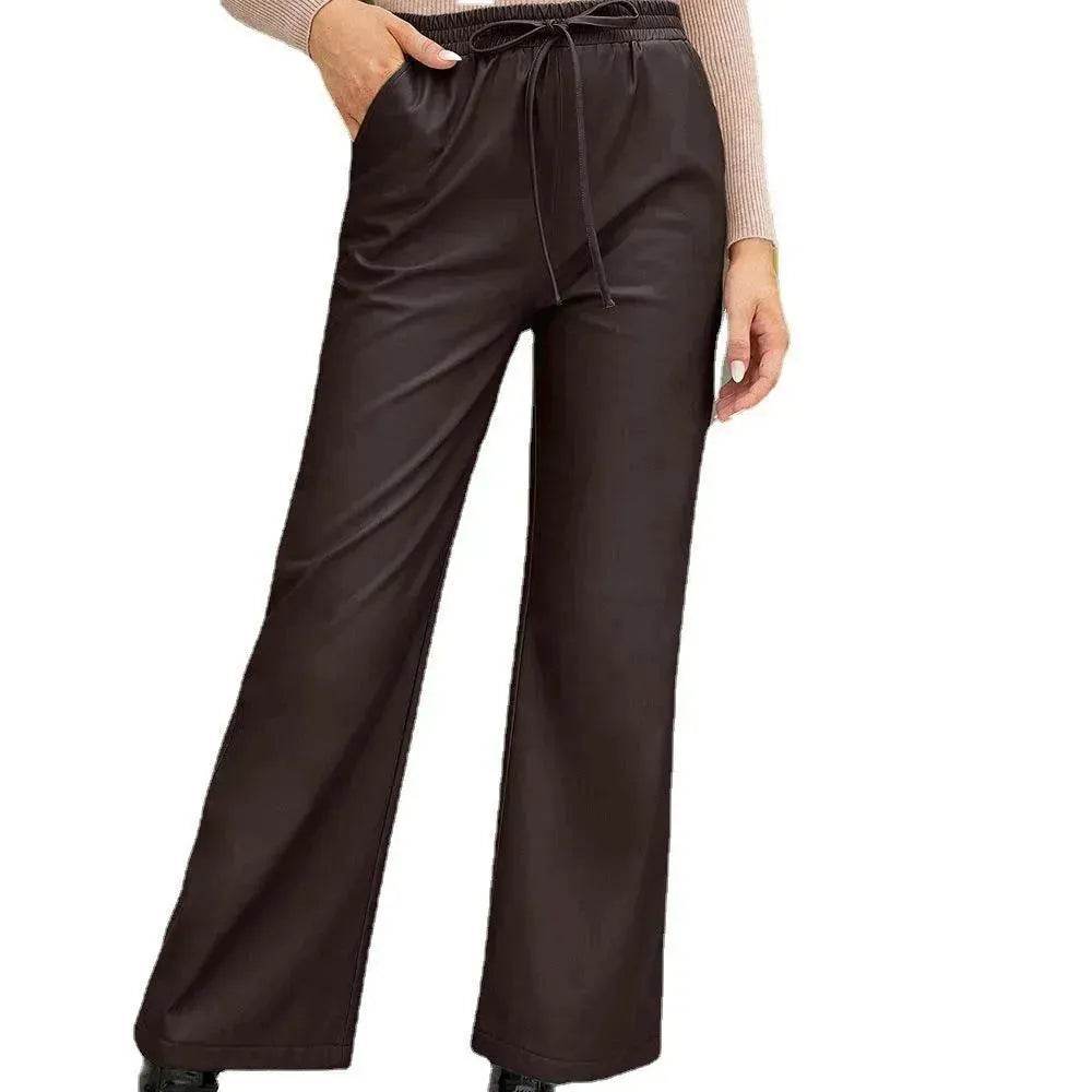 PU Loose Trousers Motorcycle Leather Straight Wide Leg Leather Pants Women - www.Shopthatapp.com