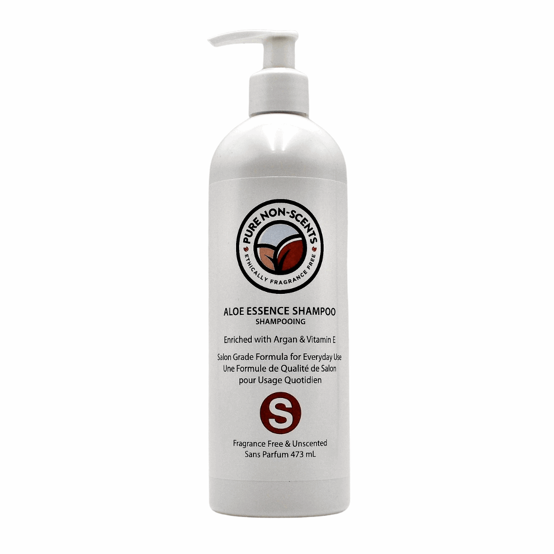 Aloe Essence Shampoo with Vitamin E from Pure Non-Scents in a sleek pump bottle for nourished hair care