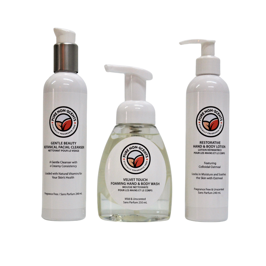 Pure Non-Scents Skintastic skincare set featuring Gentle Beauty Cleanser, Foaming Hand Wash, and Restorative Lotion