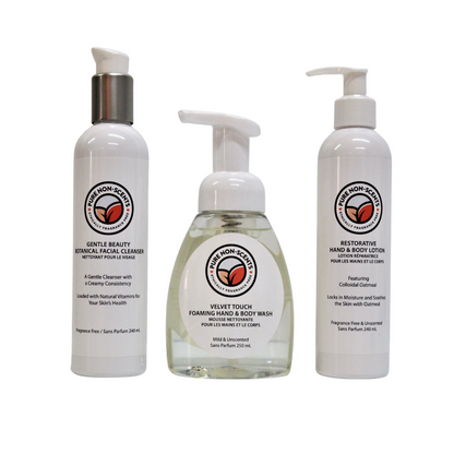 Pure Non-Scents Skintastic skincare set featuring Gentle Beauty Cleanser, Foaming Hand Wash, and Restorative Lotion
