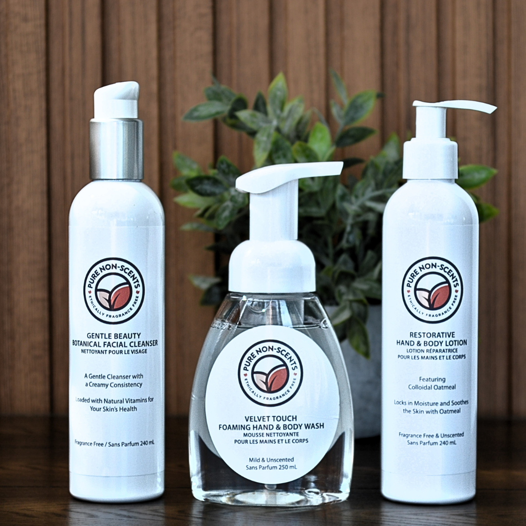 Pure Non-Scents Skintastic skincare set with gentle facial cleanser, foaming hand wash, and body lotion