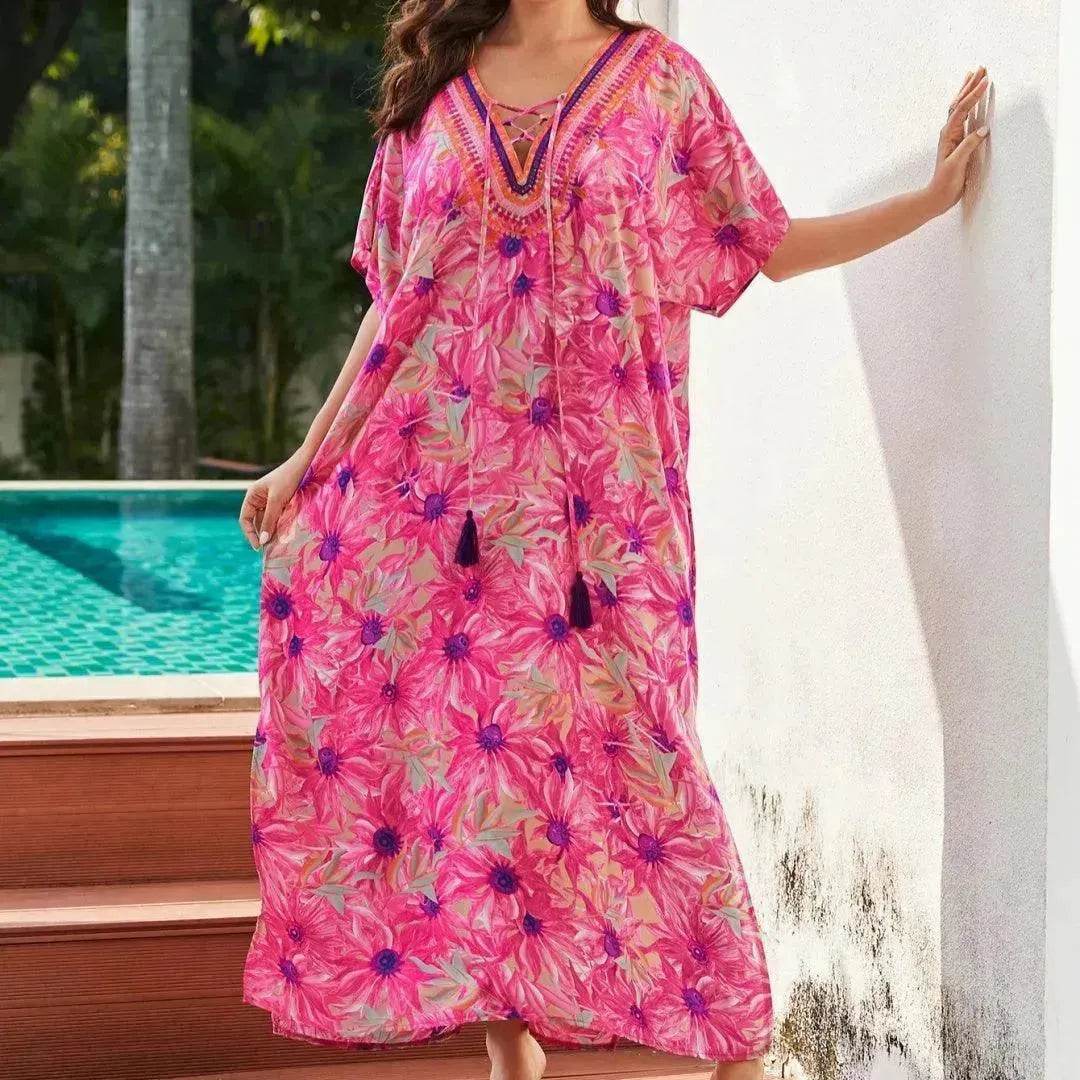 Rayon Rose Red Embroidered Beach Dress Outer Wear - www.Shopthatapp.com