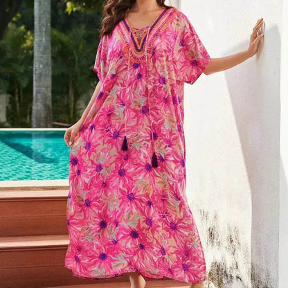 Rayon Rose Red Embroidered Beach Dress Outer Wear - www.Shopthatapp.com