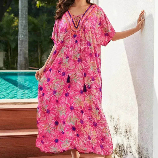 Rayon Rose Red Embroidered Beach Dress Outer Wear - www.Shopthatapp.com