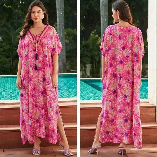 Rayon Rose Red Embroidered Beach Dress Outer Wear - www.Shopthatapp.com