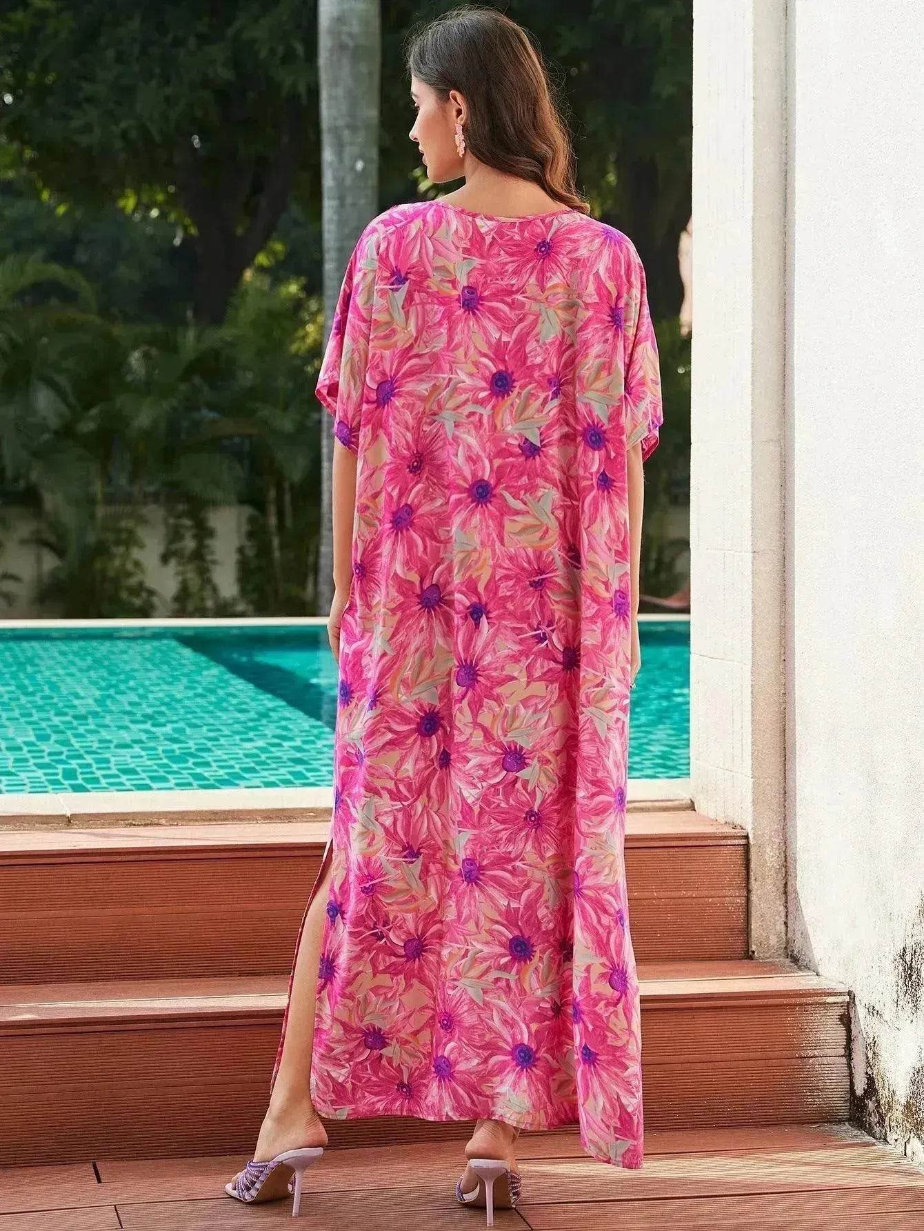Rayon Rose Red Embroidered Beach Dress Outer Wear - www.Shopthatapp.com