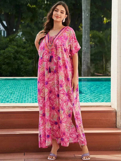 Rayon Rose Red Embroidered Beach Dress Outer Wear - www.Shopthatapp.com