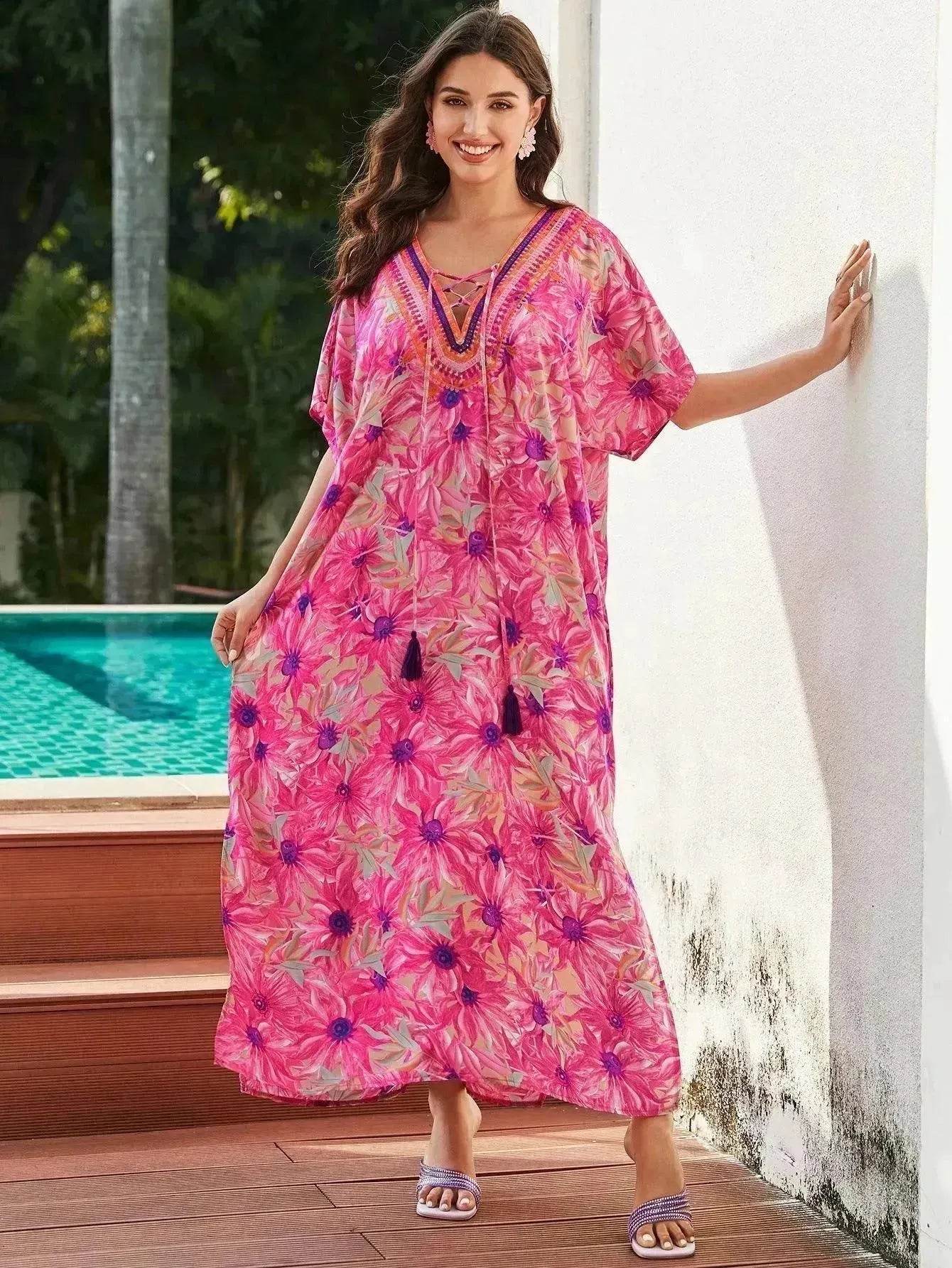 Rayon Rose Red Embroidered Beach Dress Outer Wear - www.Shopthatapp.com