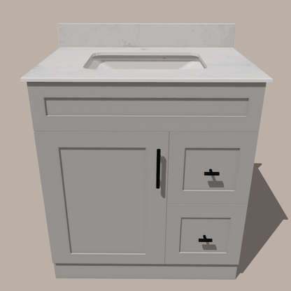 30-Inch Shaker Bathroom Vanity with Drawers — Left or Right | White or Gray | Plywood Cabinet, Solid-Wood Door, Soft-Close 3-Way Clip-On Hinges - www.Shopthatapp.com