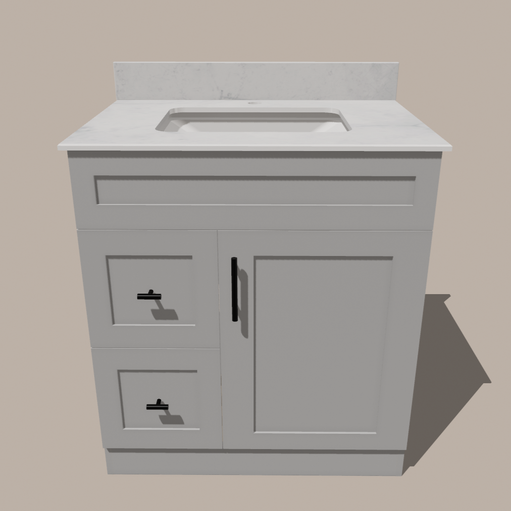 30-Inch Shaker Bathroom Vanity with Drawers — Left or Right | White or Gray | Plywood Cabinet, Solid-Wood Door, Soft-Close 3-Way Clip-On Hinges - www.Shopthatapp.com
