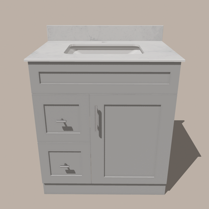 30-Inch Shaker Bathroom Vanity with Drawers — Left or Right | White or Gray | Plywood Cabinet, Solid-Wood Door, Soft-Close 3-Way Clip-On Hinges - www.Shopthatapp.com