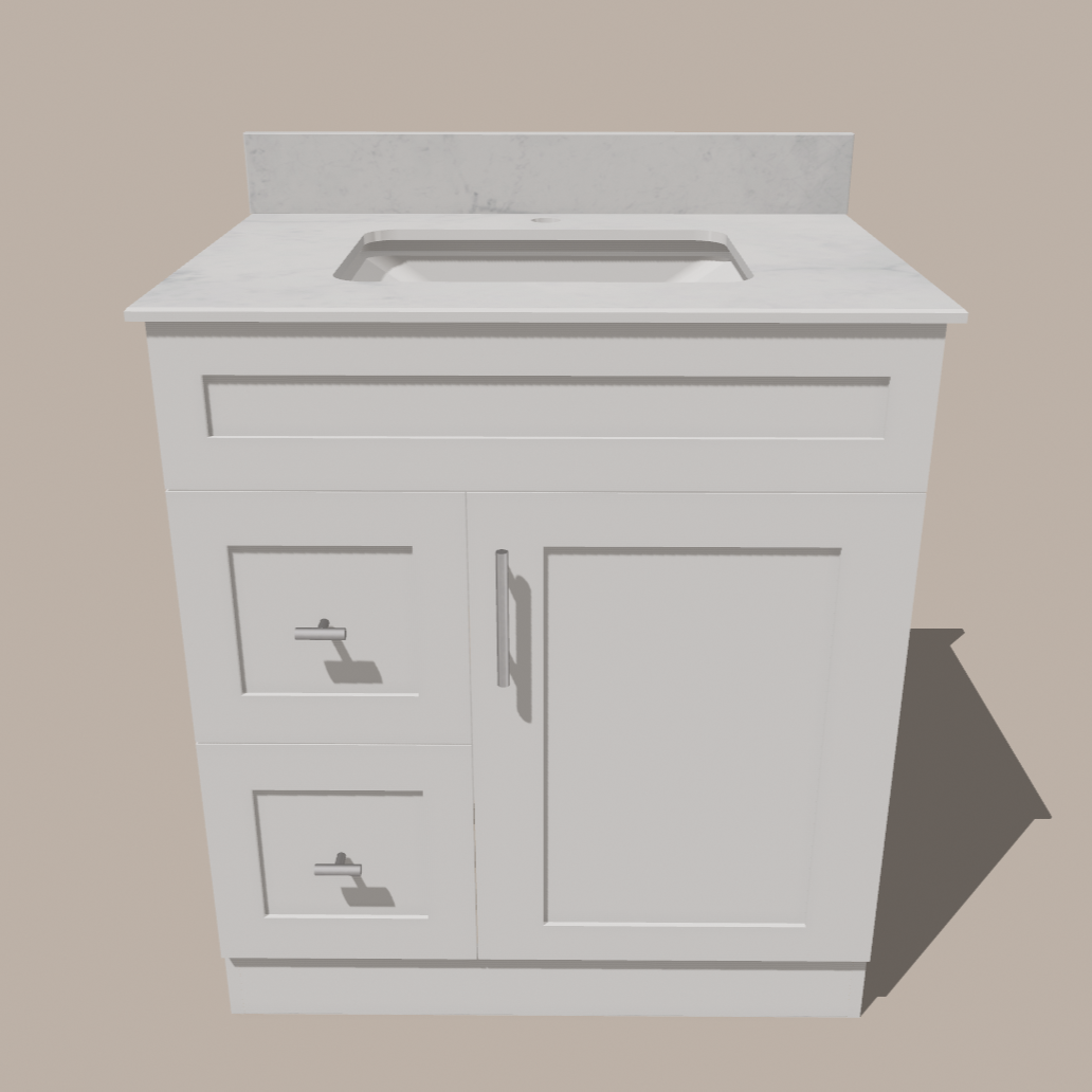 30-Inch Shaker Bathroom Vanity with Drawers — Left or Right | White or Gray | Plywood Cabinet, Solid-Wood Door, Soft-Close 3-Way Clip-On Hinges - www.Shopthatapp.com