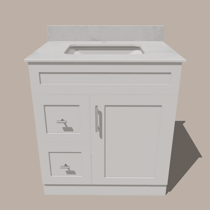30-Inch Shaker Bathroom Vanity with Drawers — Left or Right | White or Gray | Plywood Cabinet, Solid-Wood Door, Soft-Close 3-Way Clip-On Hinges - www.Shopthatapp.com