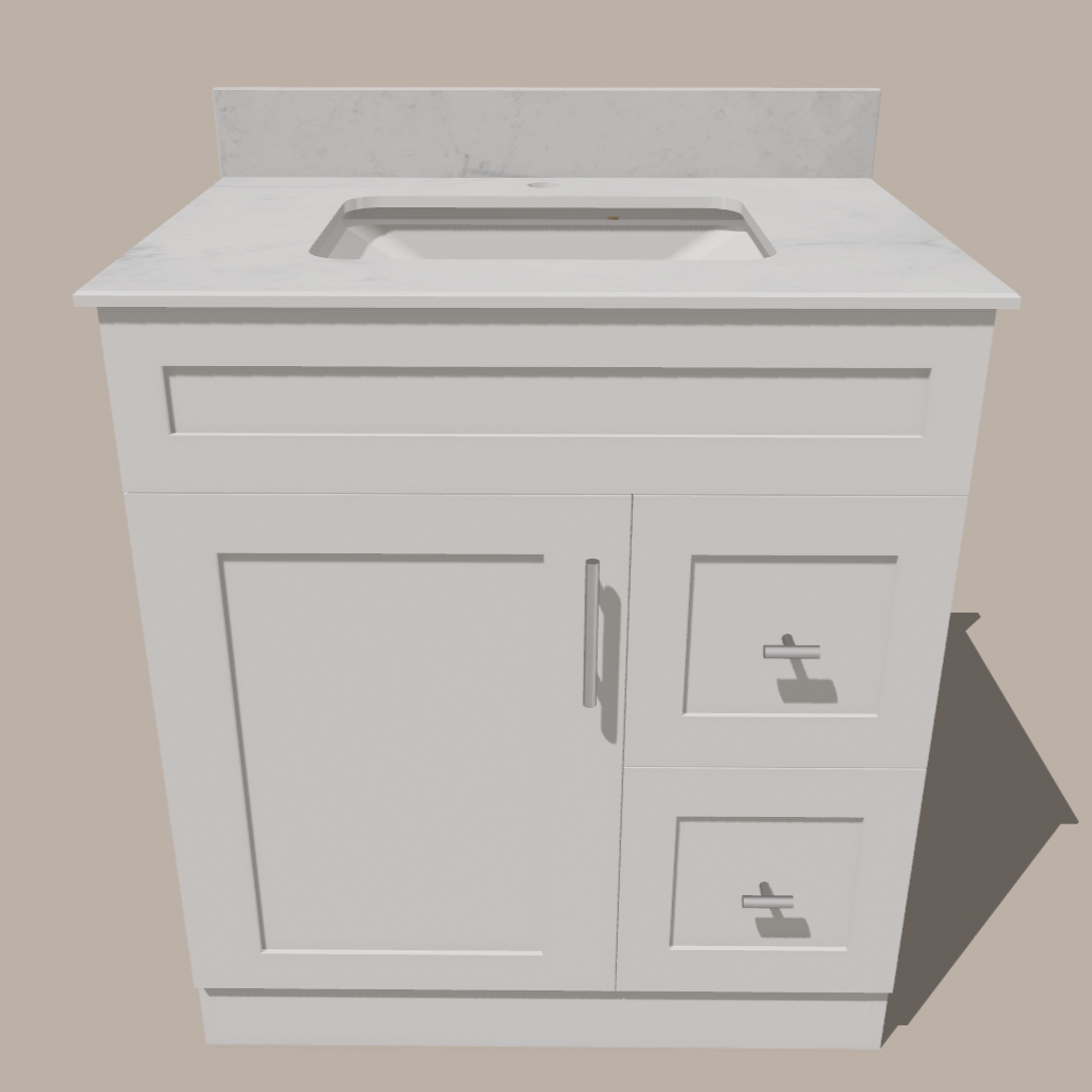 30-Inch Shaker Bathroom Vanity with Drawers — Left or Right | White or Gray | Plywood Cabinet, Solid-Wood Door, Soft-Close 3-Way Clip-On Hinges - www.Shopthatapp.com