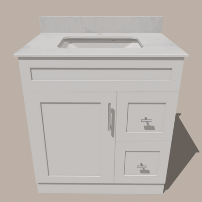 30-Inch Shaker Bathroom Vanity with Drawers — Left or Right | White or Gray | Plywood Cabinet, Solid-Wood Door, Soft-Close 3-Way Clip-On Hinges - www.Shopthatapp.com