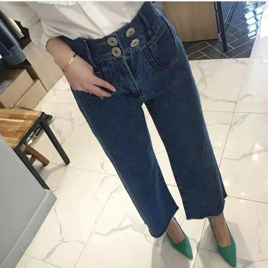 Retro High Waist Wash Double Breasted Pocket Loose Slimming And Wide Leg Denim Trousers For Women - www.Shopthatapp.com