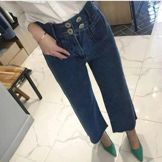 Retro High Waist Wash Double Breasted Pocket Loose Slimming And Wide Leg Denim Trousers For Women - www.Shopthatapp.com