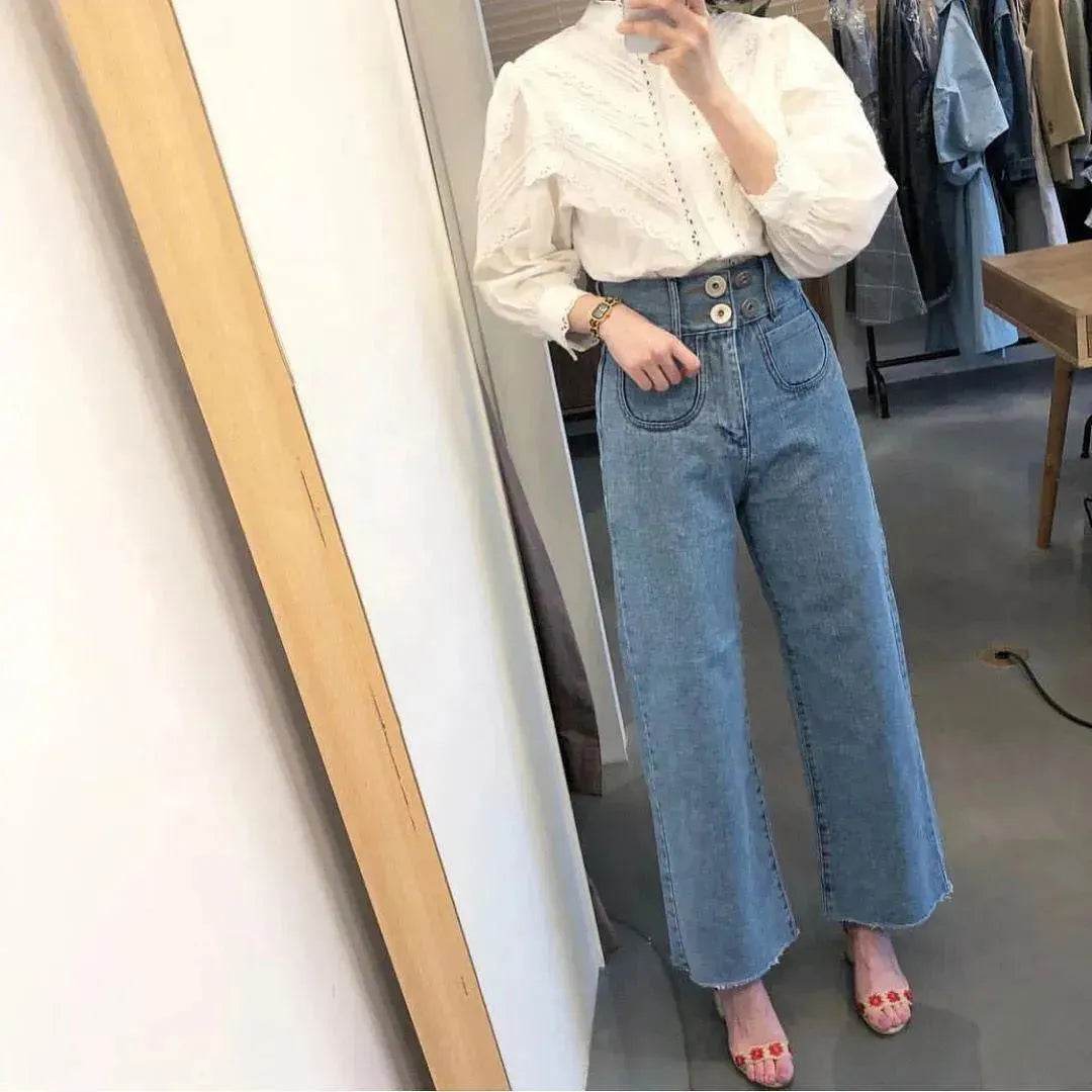 Retro High Waist Wash Double Breasted Pocket Loose Slimming And Wide Leg Denim Trousers For Women - www.Shopthatapp.com