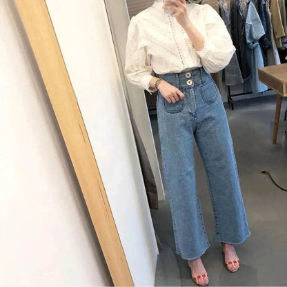 Retro High Waist Wash Double Breasted Pocket Loose Slimming And Wide Leg Denim Trousers For Women - www.Shopthatapp.com